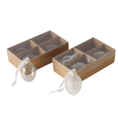 Boltze home deco ciondolo in vetro a forma di uovo, set da 4 pezzi ø4xh7 cm opaco o trasparente con testo