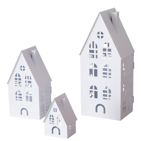 Boltze set lanterne domestiche Dover House 3 pezzi l9-13-16,5 cm l7,5-10,5-13,5 cm h13-24-37 cm bianco