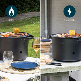 Barbecue ibrido a secchio Princess 112240 | elettrico | carbone (nero, ø 32 cm | incl. lussuoso tagliere e servizio in bambù)