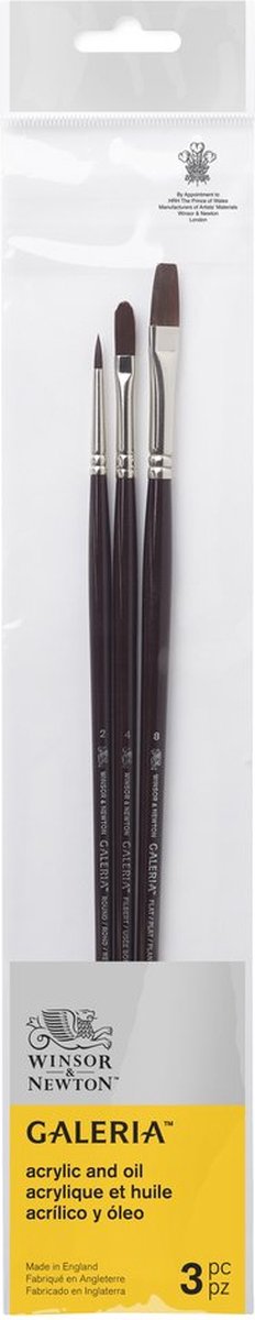 Winsor Newton 5790610 Galeria Set di pennelli acrilici 3 – 3 pennelli a manico lungo per pittura acrilica (tondo 2, piatto 8, Filbert 4)