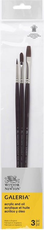 Winsor Newton 5790610 Galeria Set di pennelli acrilici 3 – 3 pennelli a manico lungo per pittura acrilica (tondo 2, piatto 8, Filbert 4)