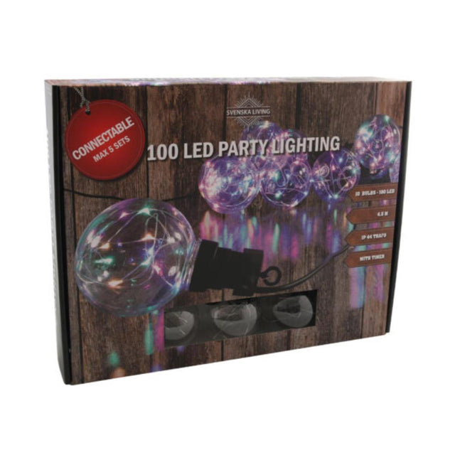 Luci per feste Svenska Living LED 10 lampadine multicolori per uso interno ed esterno, IP44, lunghezza cavo 450 cm, con timer, estensibile