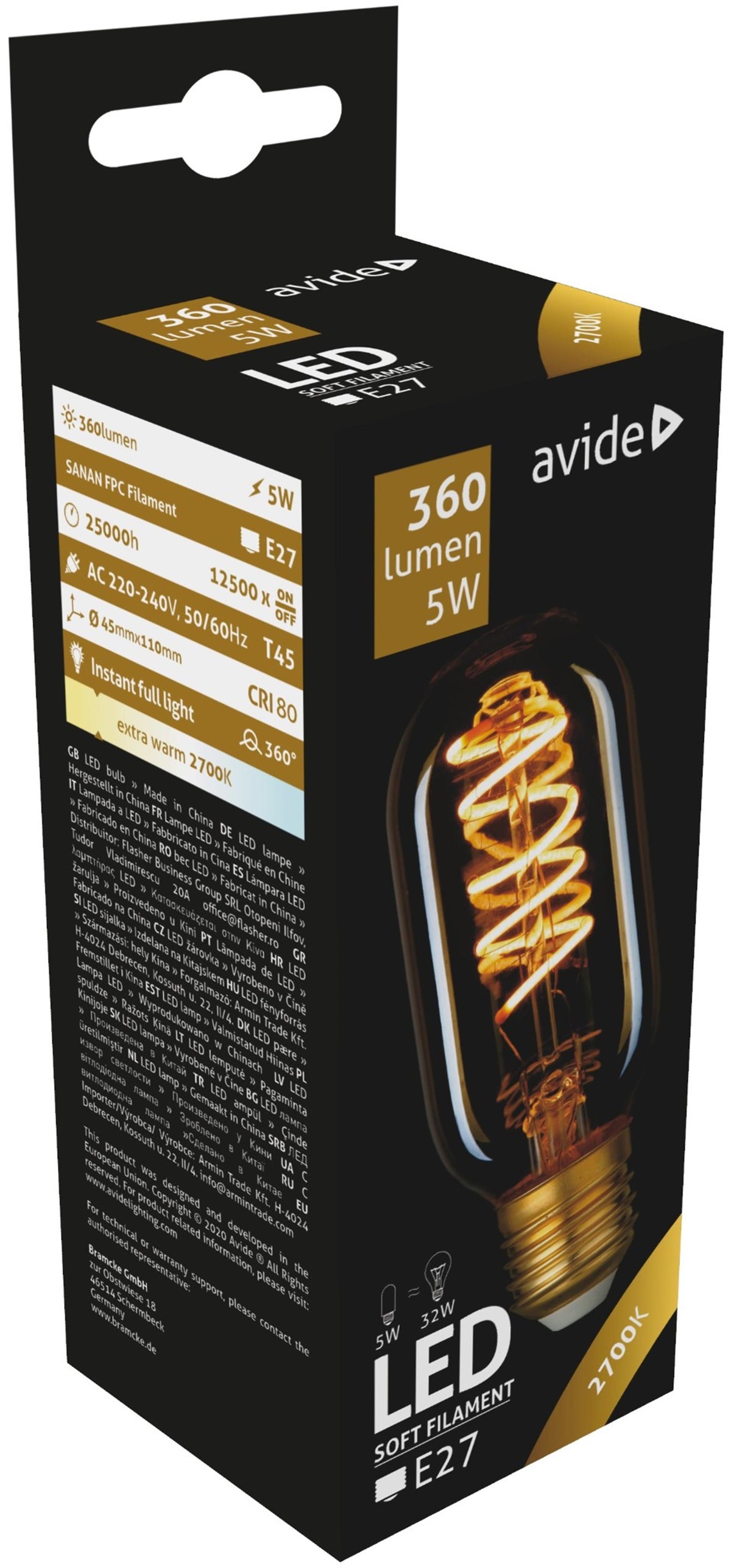 Avide lampada led filamento morbido t45 5w e27 2700k 360lm
