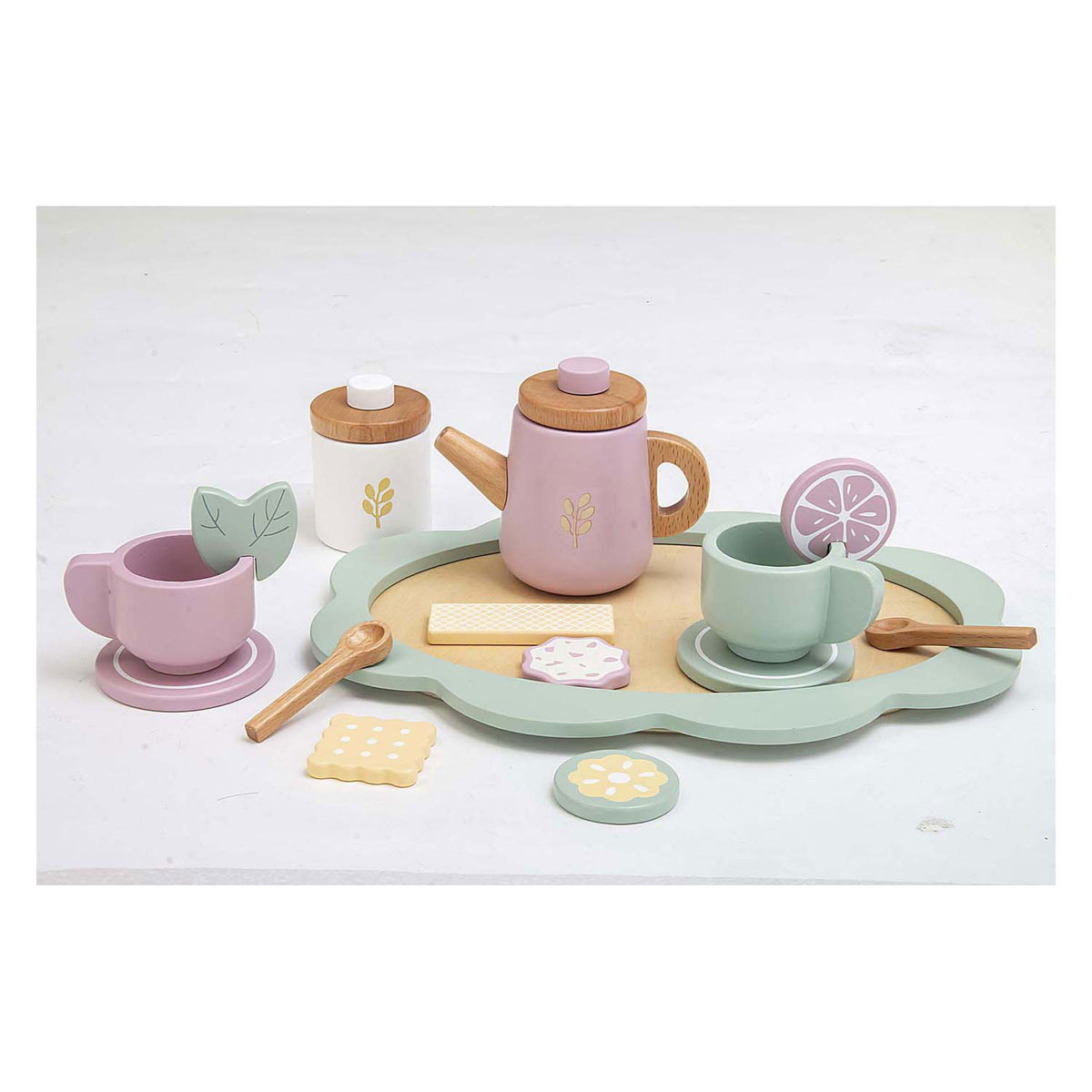 Set da tè in legno Playwood pastello, 17 pezzi.