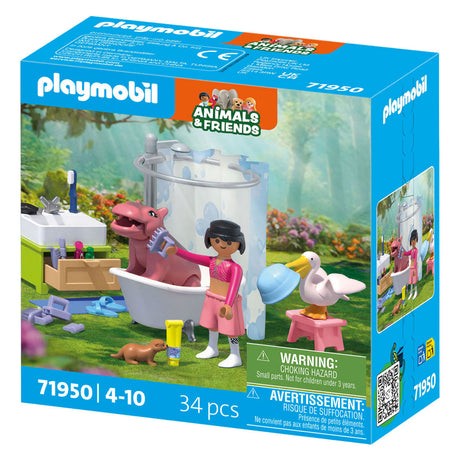 Playmobile | amici animali | divertimento nel bagno degli animali domestici | giocattoli da 4 anni | regalo per bambini | stimola la creatività e l'interazione con gli animali | cura e balneazione degli animali con accessori | 71950