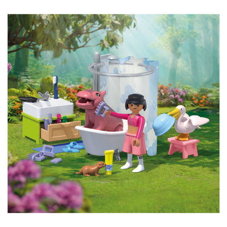 Playmobile | amici animali | divertimento nel bagno degli animali domestici | giocattoli da 4 anni | regalo per bambini | stimola la creatività e l'interazione con gli animali | cura e balneazione degli animali con accessori | 71950