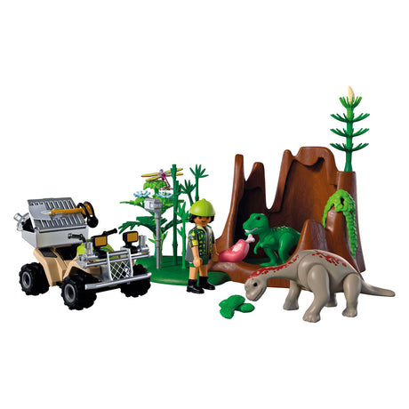 Playmobile | dinosauri | nascondiglio dei dinosauri | dinosauro esploratore con quad, baby t-rex e baby brachiosauro | giocattoli per bambini per bambini dai 4 anni | 72069