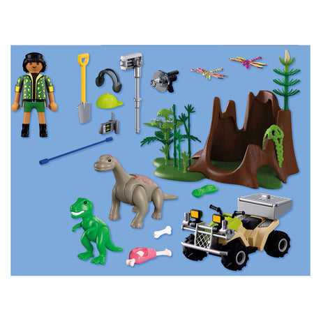 Playmobile | dinosauri | nascondiglio dei dinosauri | dinosauro esploratore con quad, baby t-rex e baby brachiosauro | giocattoli per bambini per bambini dai 4 anni | 72069