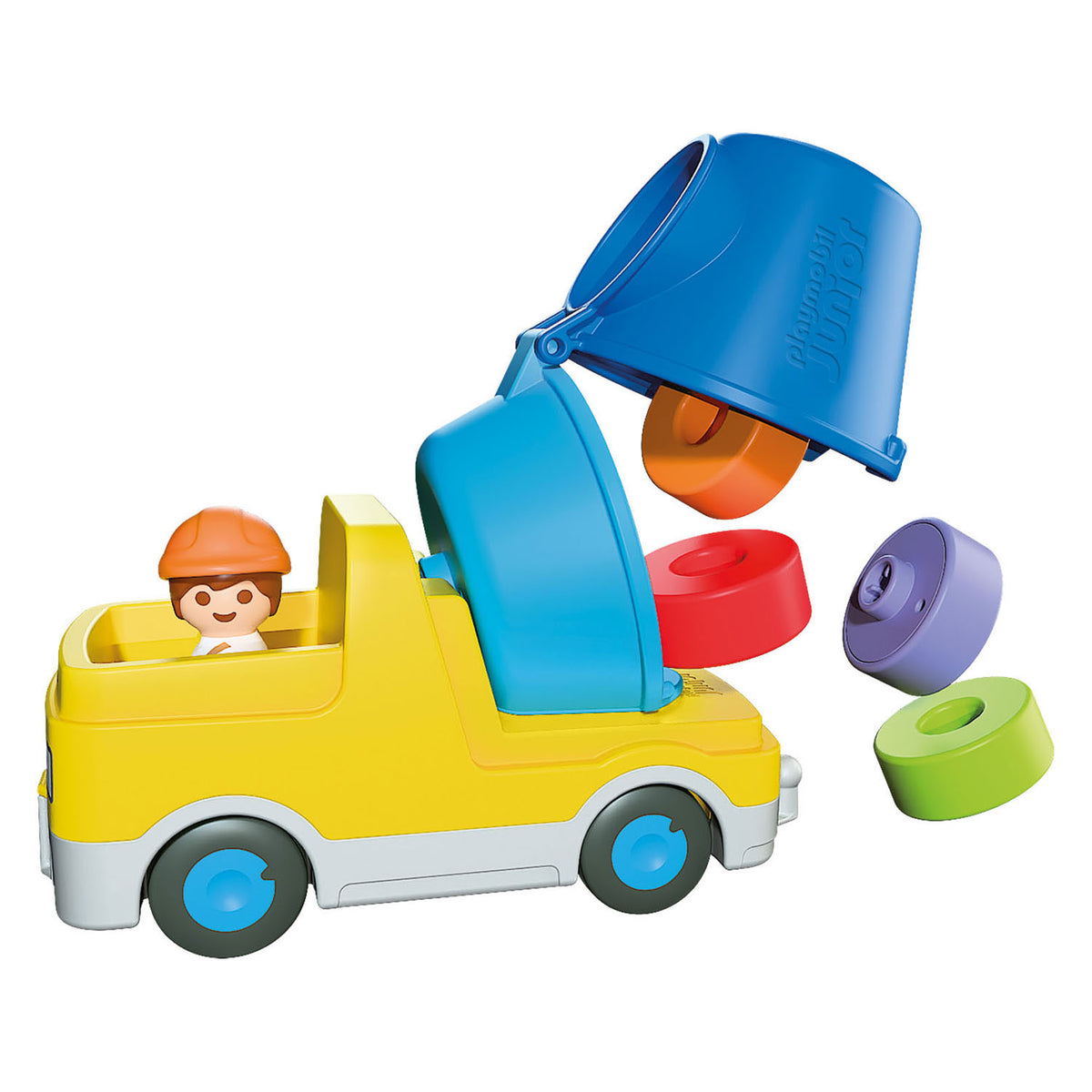 Playmobil junior bouwvoertuig betonmolen kleurrijk stapelbaar speelgoed.