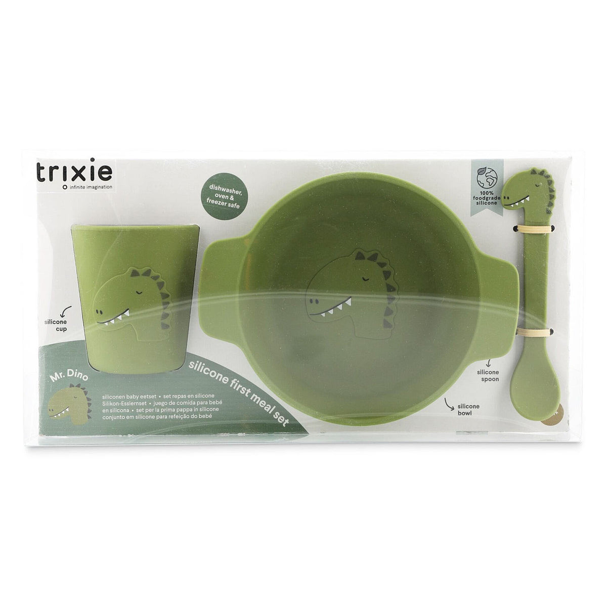 Set da mangiare per neonati in silicone Trixie Mr. Dino - regalo perfetto per la maternità - regalo per baby shower - set con cucchiaio, tazza e ciotola.