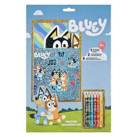 Set da colorare Undercover Bluey a blocchi di colore con matite e adesivi per bambini.