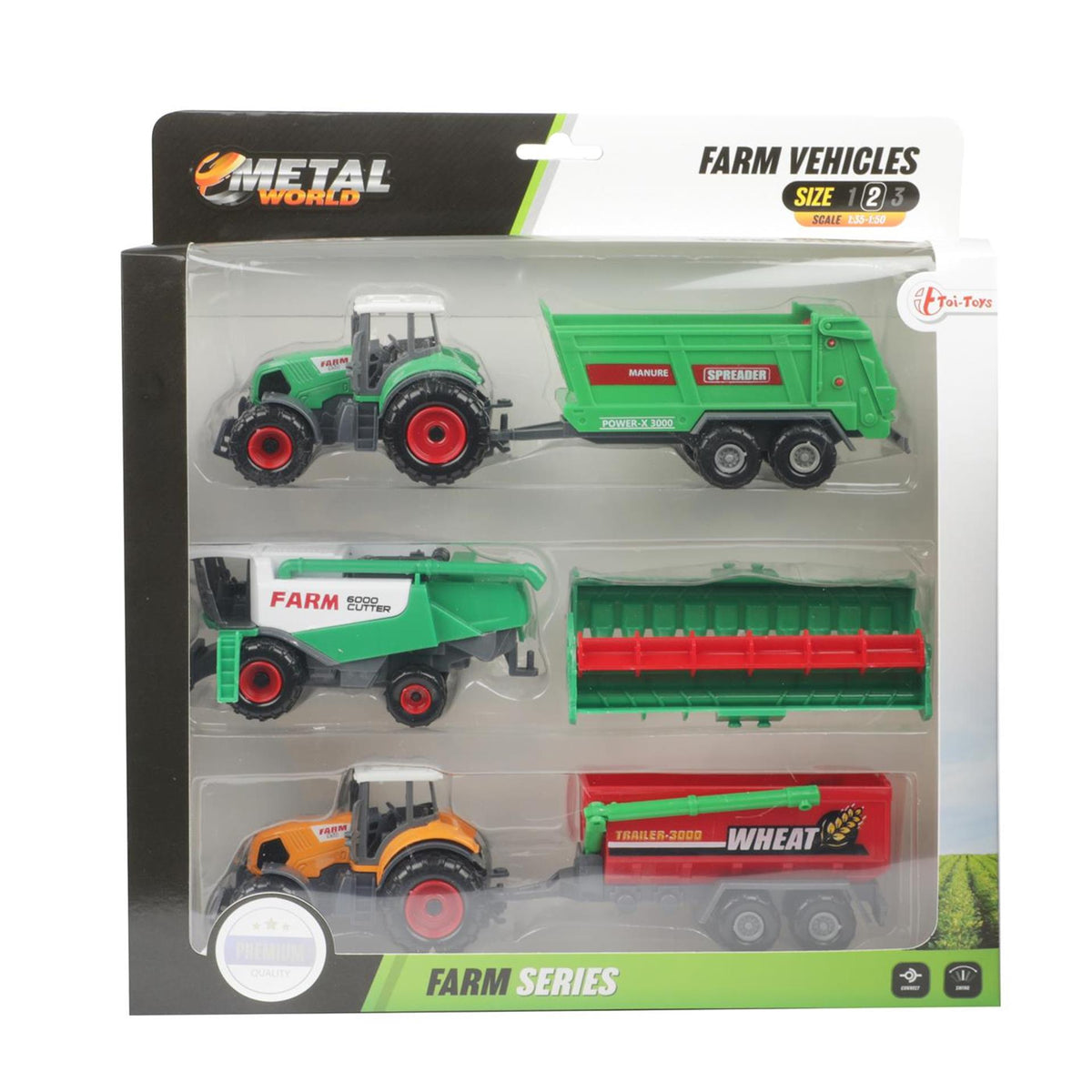 Toi-toys set agricolo in metallo 6 pezzi trattore + rimorchio 4 assortiti