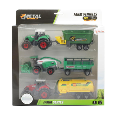 Toi-toys set agricolo in metallo 6 pezzi trattore + rimorchio 4 assortiti