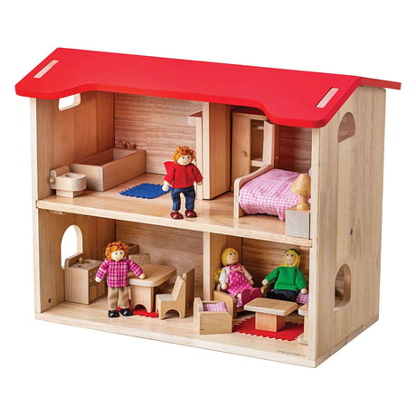 Casa delle bambole in legno Bigjigs completa di mobili e 4 bambole