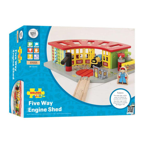 Rimessa per treni in legno Bigjigs per 5 treni - Estensione del sistema di binari in legno