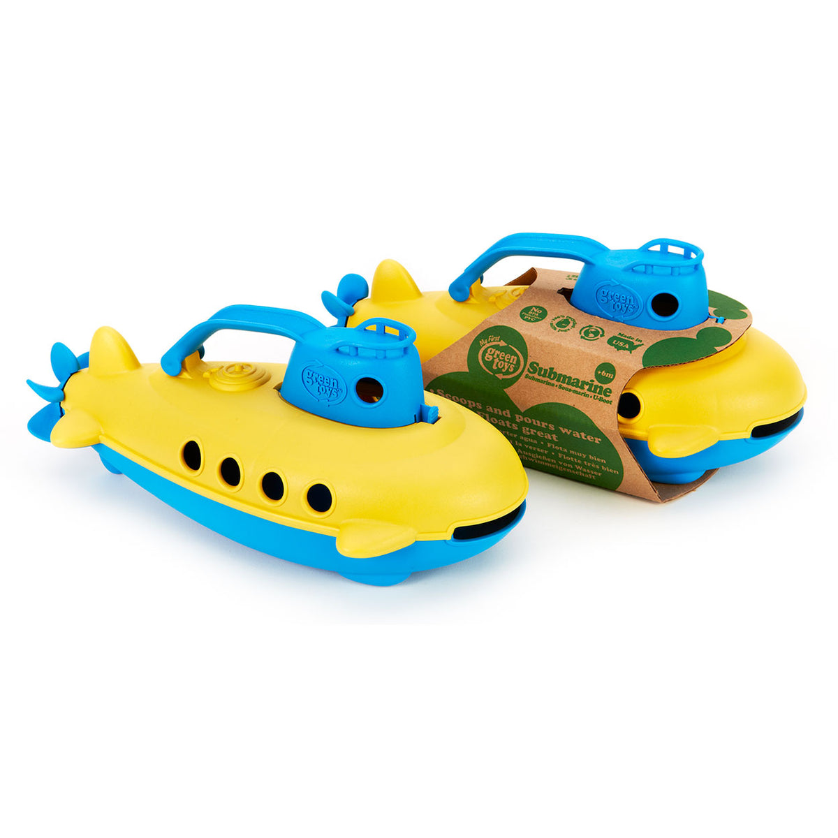 Sottomarino giocattolo verde giallo con manico blu -
