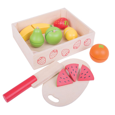 Scatola di legno per giocattoli Bigjigs con frutta e velcro - con coltello e tagliere - bigjigs - 18 pezzi