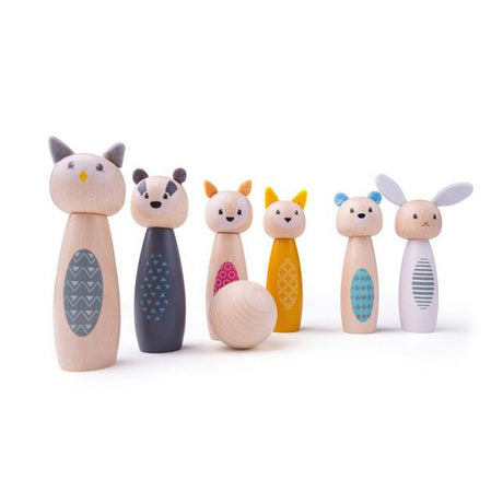 Giocattoli Simply Scandi Bigjigs - gioco di birilli 'animali della foresta' - giocattoli in legno - gioco di birilli in legno - 7 pezzi