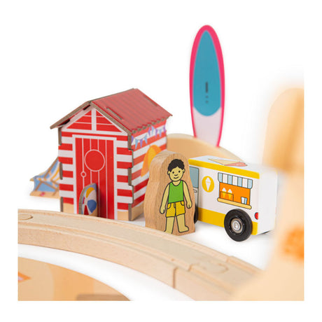 Set treno in legno Bigjigs che pulisce la costa del mare, 70 pezzi.