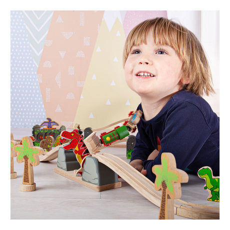 Bigjigs Rail T-Rex Ponte levatoio Binario in legno - Set di giochi avventurosi