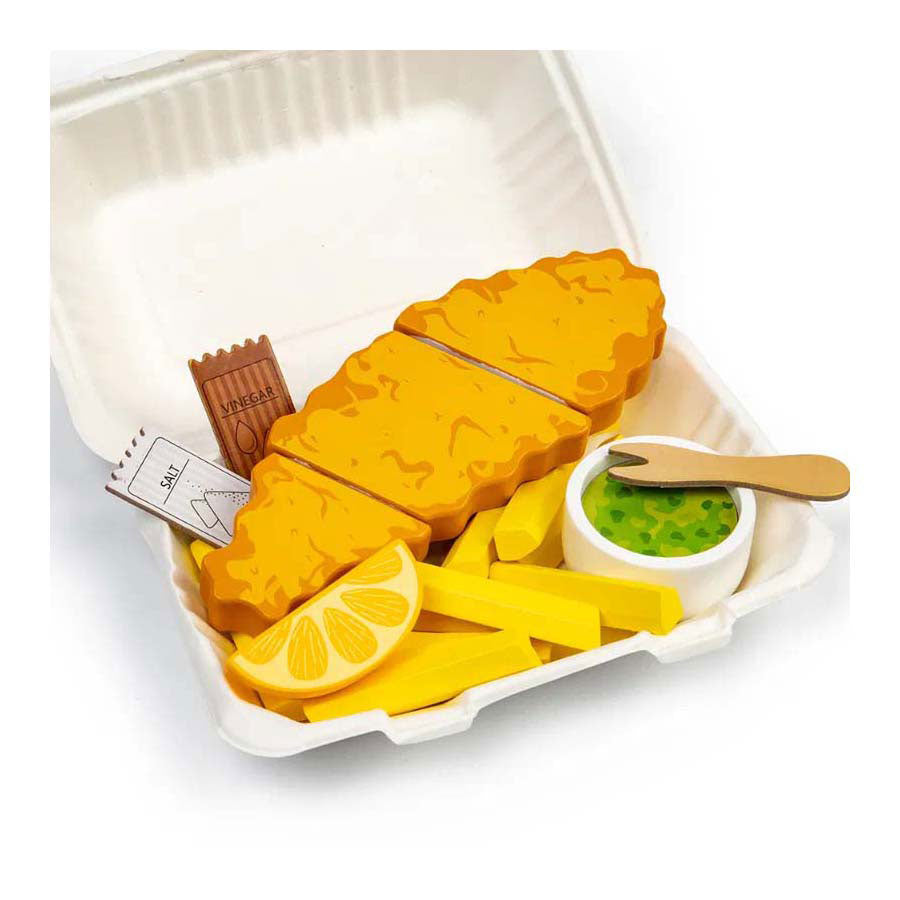Set da gioco Bigjigs Fish and Chips in legno, 26 pezzi.