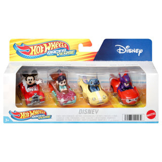 Hot Wheels Racerverse - 4 macchinine in metallo con conducente Disney - veicolo giocattolo