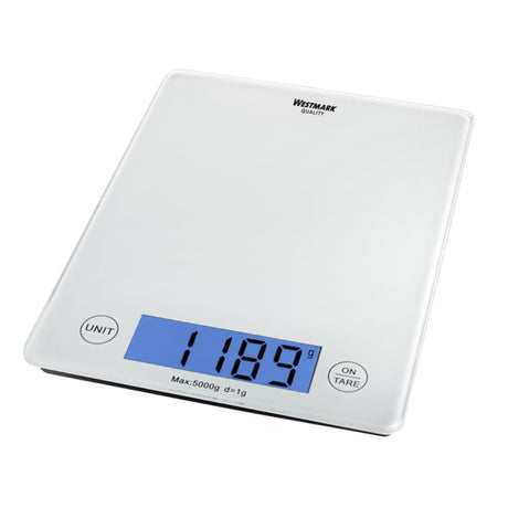 Bilancia da cucina digitale Westmark con funzione tara, campo di pesatura fino a 5 kg, superficie di pesata in vetro, 23 x 18 x 1,8, vetro smerigliato, eleganza, bianco trasparente, 30332260