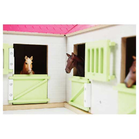 Stalla per cavalli ad angolo per bambini con mappamondo con 3 box e ripostiglio 1:24 68x77x27 cm rosa (accessori esclusi)