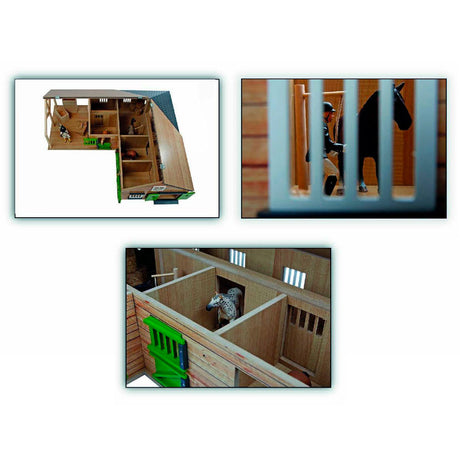 Scuderia per cavalli ad angolo con mappamondo per bambini con 3 box e ripostiglio 1:24