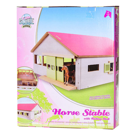 Stalla per cavalli per bambini con mappamondo con 3 box e arena interna 62,5x54x25 cm 1:32 rosa