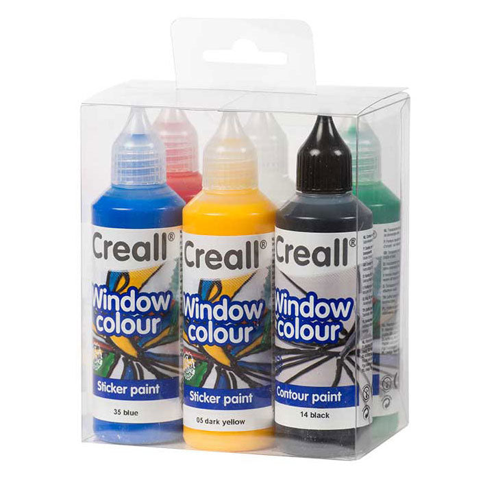 Vernice adesiva Creall - colore per finestre - realizza creazioni rimovibili su superfici lisce come finestre o specchi - set di 6 colori - 6 flaconi da 80 ml - senza glutine - prodotto nei Paesi Bassi