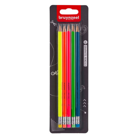 Set di matite in grafite Bruynzeel neon, 5 matite HB con gomma