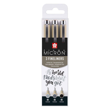 Set fineliner Sakura pigma micron 05, 3 penne, nero-grigio