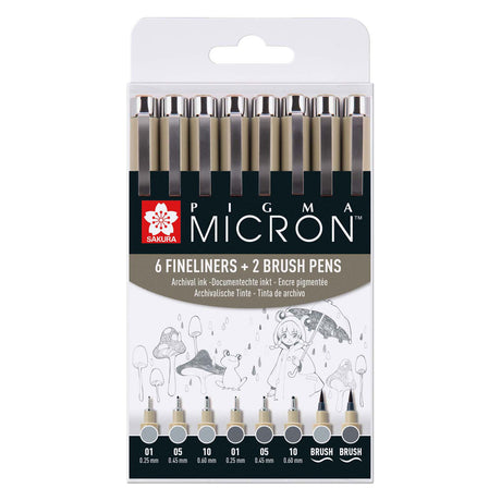 Set di pennarelli Sakura Pigma Micron | 8 penne, grigio freddo chiaro grigio freddo