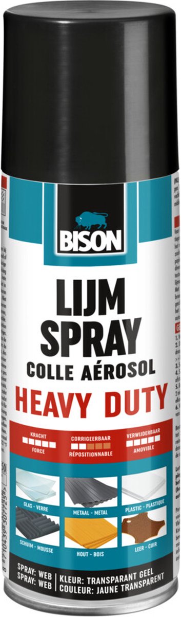 Bison colla spray per carichi pesanti bomboletta spray da 500 ml - pratica colla spray per applicazioni nere, incollaggio rapido permanente e resistente all'umidità di metallo, legno, gommapiuma, cartone, tessuti e altro ancora