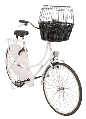 Trixie cestino anteriore per bicicletta in salice nero con cuscino e capottina