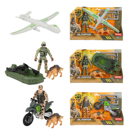 Toi-toys toi giocattoli alfafox play set m militare con veicolo, cane e accessori