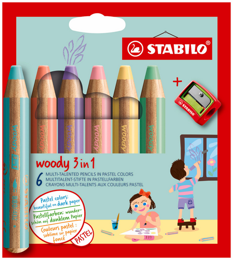 Stabilo woody 3 in 1 - matita colorata multitalento - arty - set da 6 pz. + temperamatite