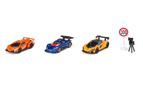 Siku 6328, set regalo supercar, Lamborghini Veneno, Apollo I.E., McLaren Senna, parti mobili, incl. segnale stradale e autovelox