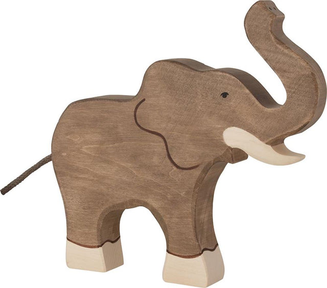 Elefante Holztiger, con la proboscide sollevata. 18cm.