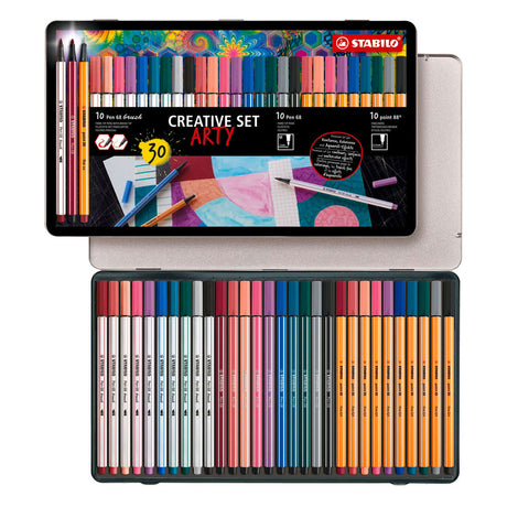 Stabilo arty creative set penna 68 pennarelli e fineliner point 88 in custodia in metallo - 30 pz.