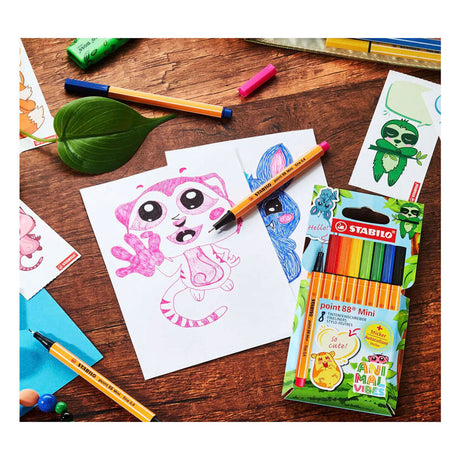 Stabilo point 88 mini - fineliner premium - vibrazioni animali - custodia con 8 colori + adesivo