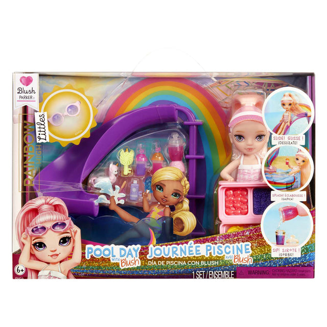 Piccola giornata in piscina per bambola Rainbow High con set da gioco Blush