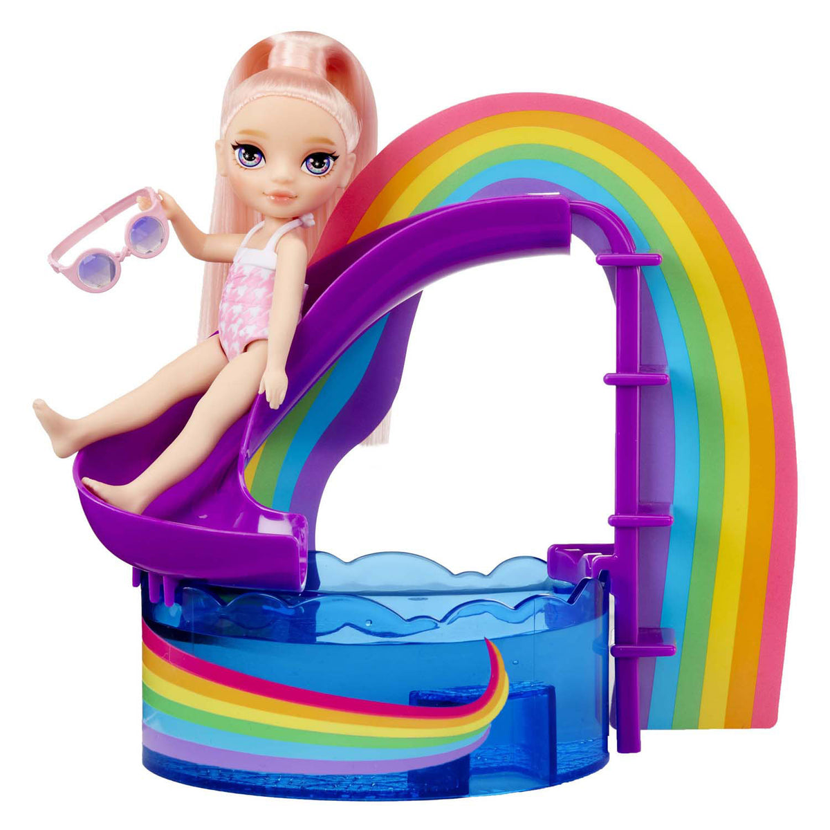 Piccola giornata in piscina per bambola Rainbow High con set da gioco Blush