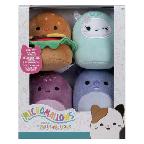 Squishmallows coccoloso peluche micromallows - carl, yollie, javari, tudor, confezione da 4
