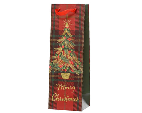 Decoris sacchetto regalo bottiglia di vino albero di Natale rosso in carta 100% FSC 10x12x36 cm