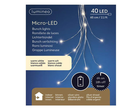 Lumineo micro LED illuminazione a cascata a filo 80cm-40l 10 fili con 5 lampade argento bianco caldo a batteria con timer