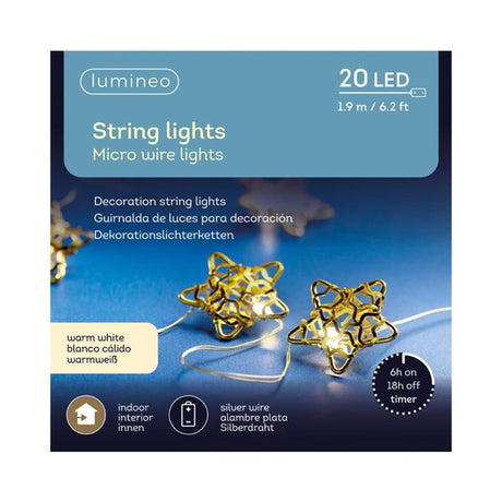 Illuminazione decorativa Lumineo micro LED, 20 luci con stelle, in metallo con timer, funzionamento a batteria