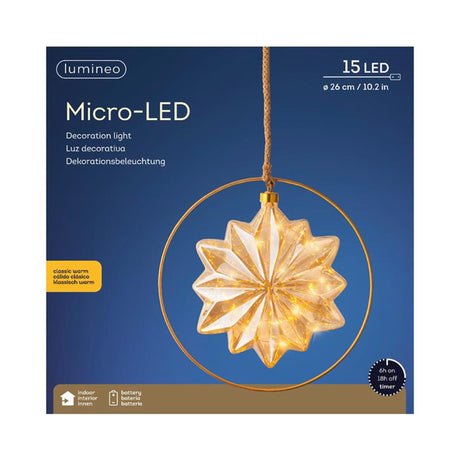 Stella in vetro Lumineo LED con 15 lampade micro LED in un anello di metallo - ø 26 cm, funzionamento a batteria con timer
