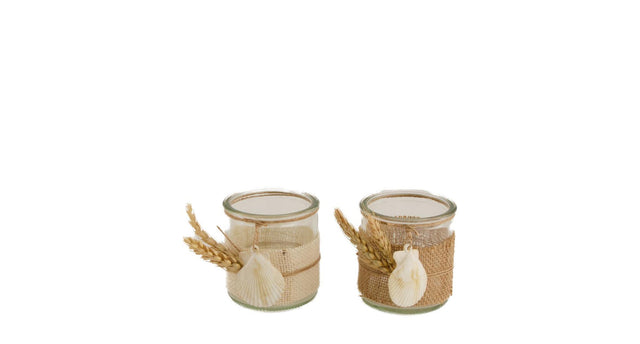 Tealight holder jute glass with shells ø8x8cm mixed